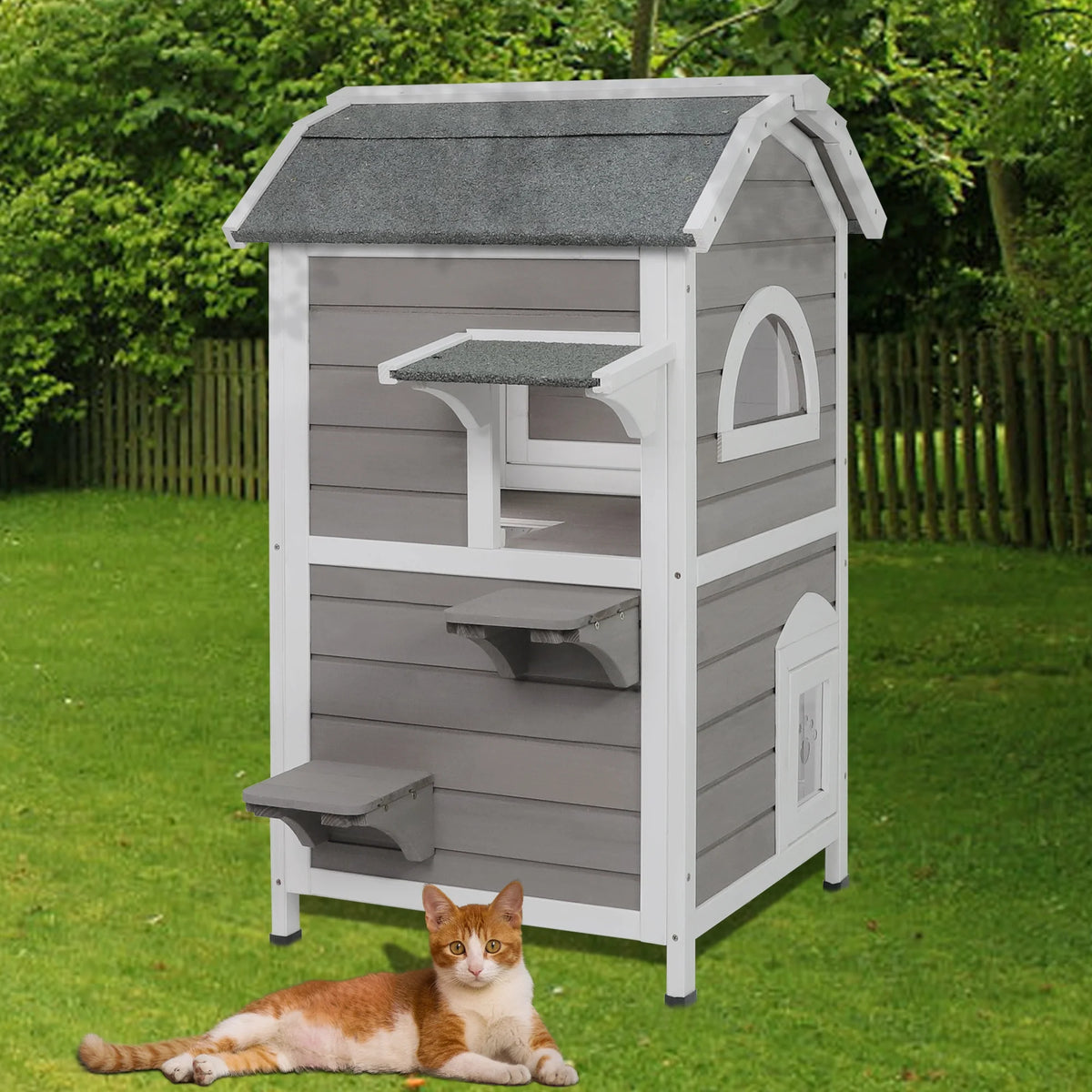 Weatherproof Two Story Wooden Outdoor Cat House I9232