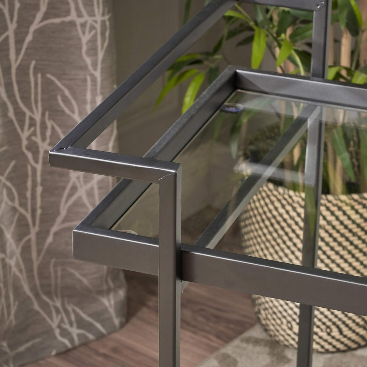 Black Industrial Iron Bar Cart with Tempered Glass Shelves H231