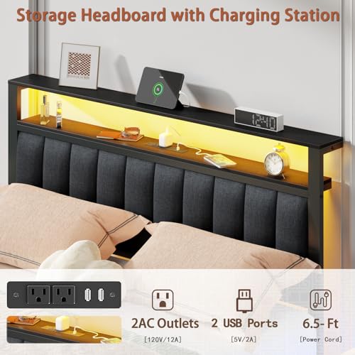 Full Size Bed Frame with Charging Station and LED Lights L186603