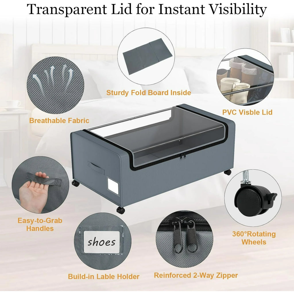 12 inch Under Bed Storage Bins with Clear Lid, Wheels, 2 Pack, Grey, 30.7x17.3x12 Y6674