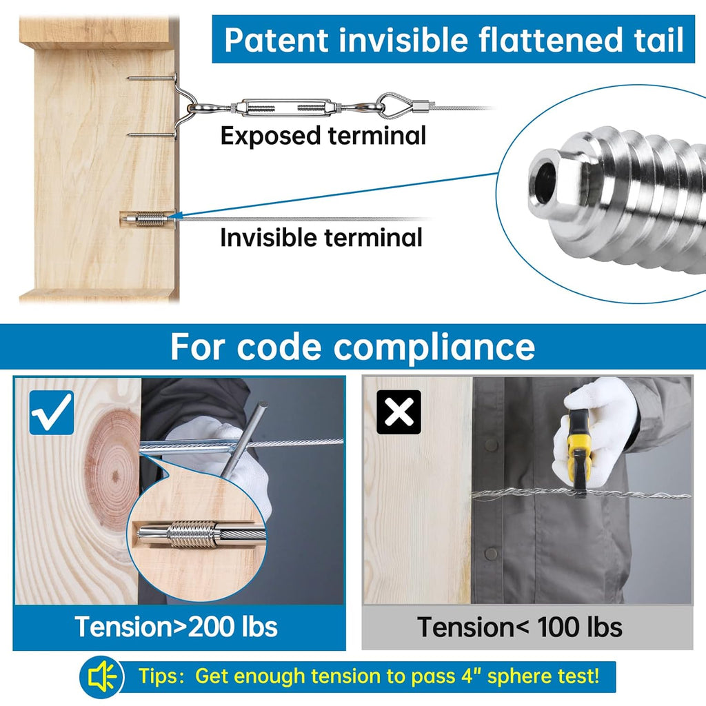 20Pack 1/8" Invisible Cable Railing Kit T316 Stainless Steel for Wood Posts Deck Stairs C164