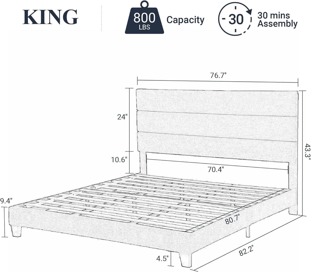King Fabric Upholstered Platform Bed Frame with Wooden Slats U4253