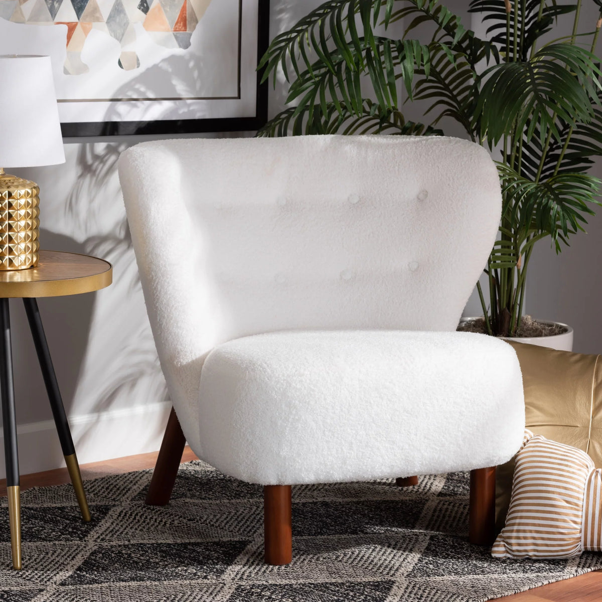 White Boucle Upholstered Wood Accent Chair Z169949