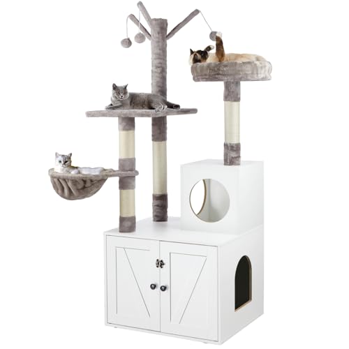 2-in-1 Wooden Cat Tree Tower with Litter Box Enclosure H70553