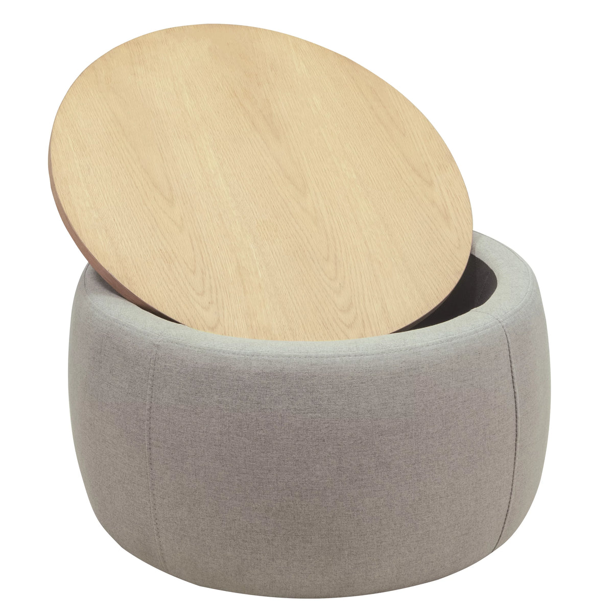 Grey Round Storage Ottoman with Wood Tray V3448