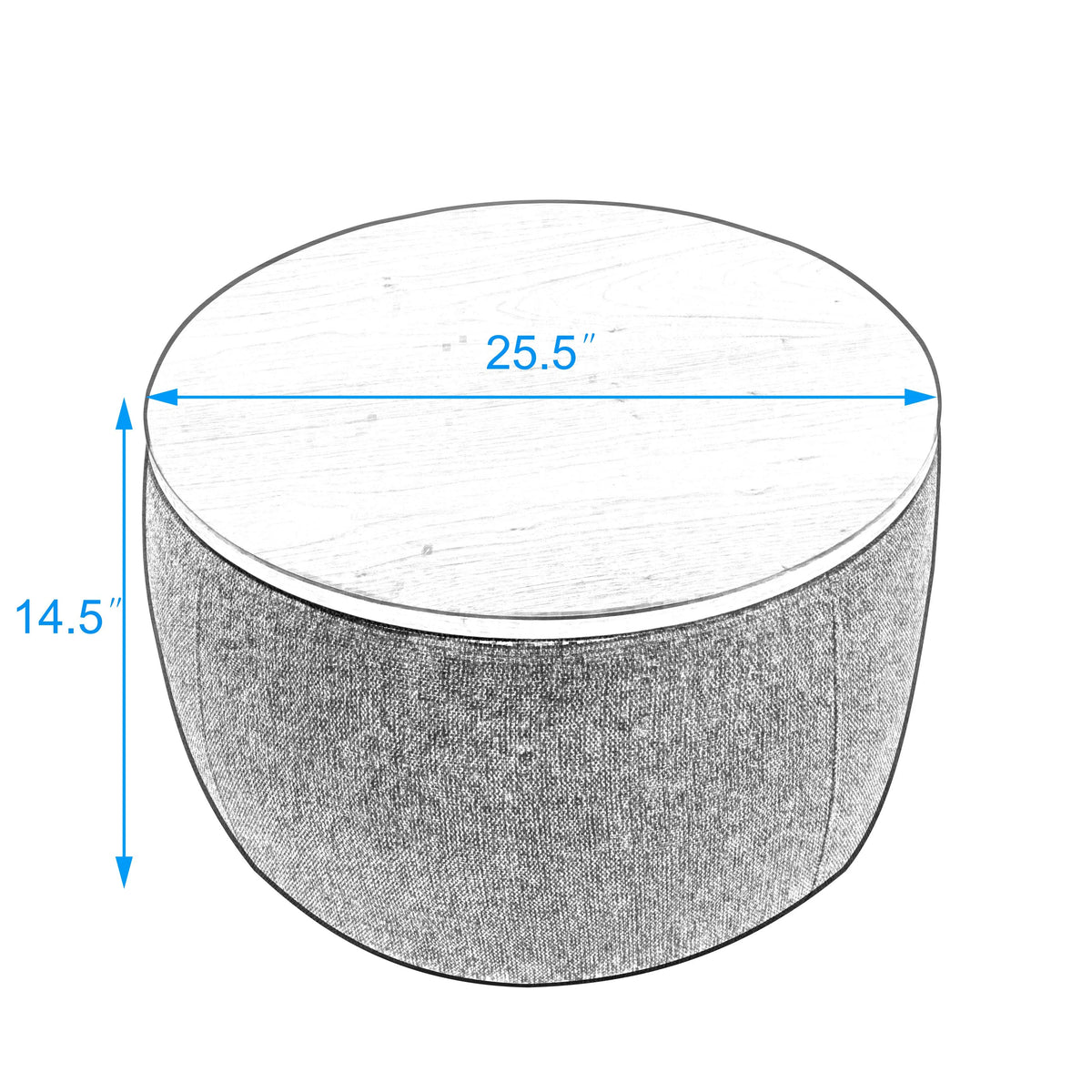 Grey Round Storage Ottoman with Wood Tray V3448