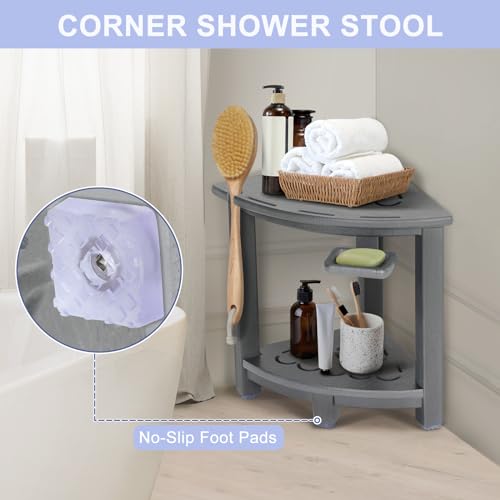 Black HDPE Corner Shower Stool with Storage Shelf and Adjustable Feet R7133