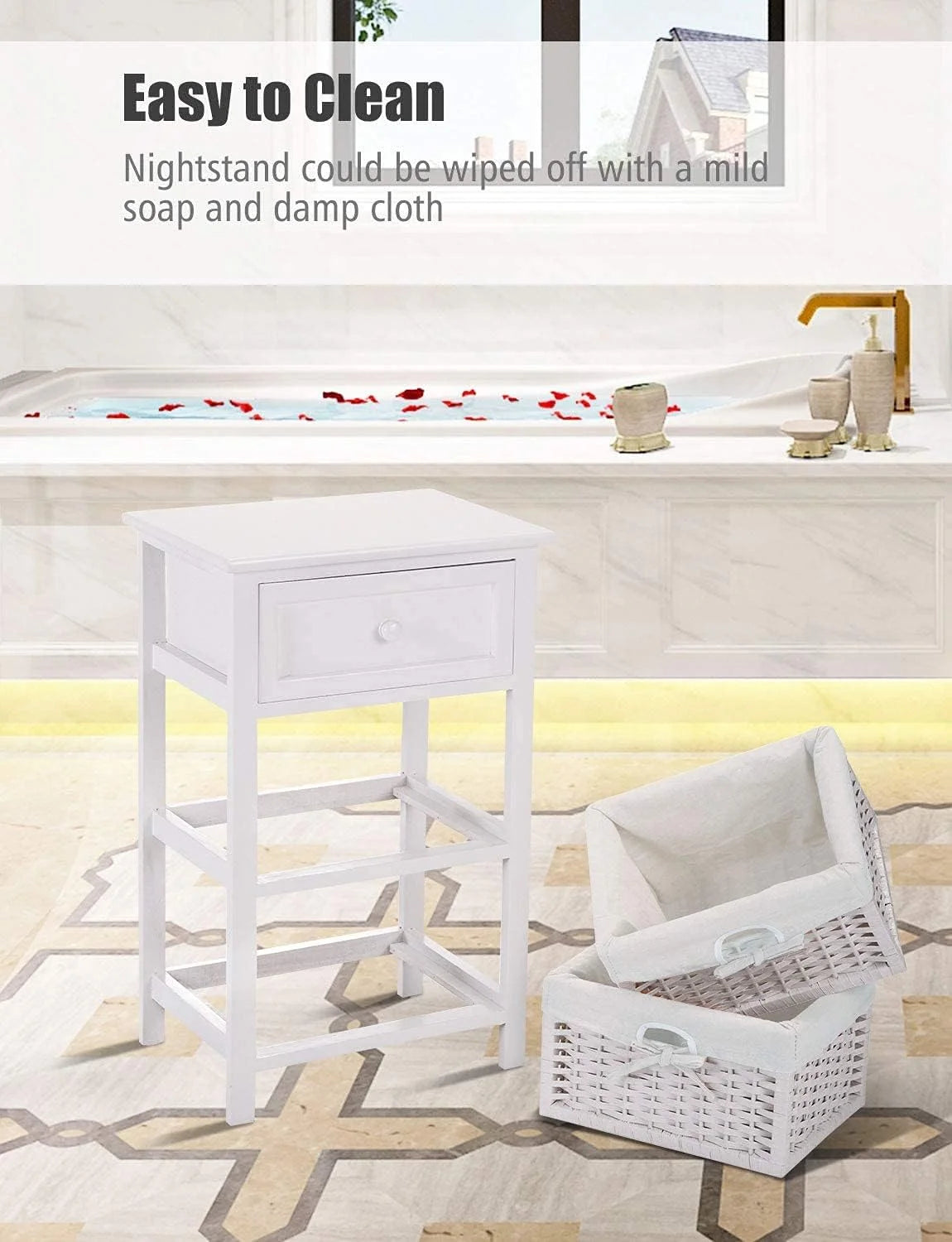 White 3 Tiers Nightstand with One Drawer 2 Baskets H4675