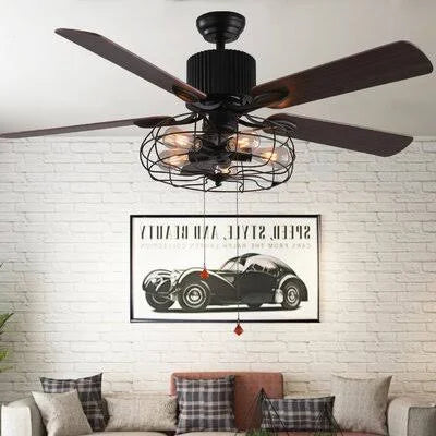 5 - Blade Caged Ceiling Fan with Remote Control and Light Kit W797