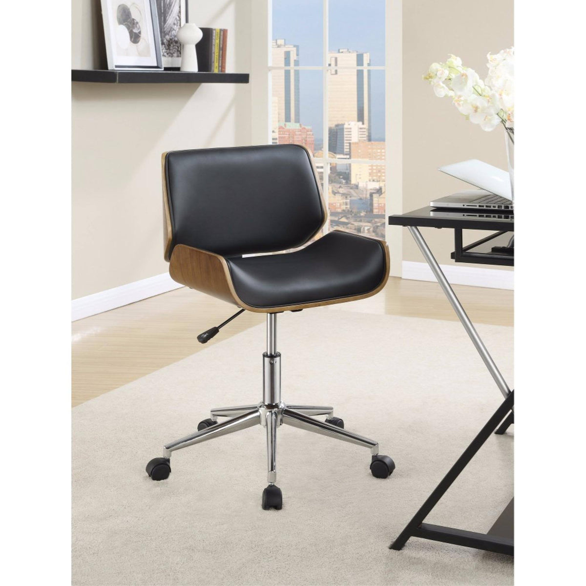Contemporary Small-Back Home Office Chair, Black/Walnut H506339