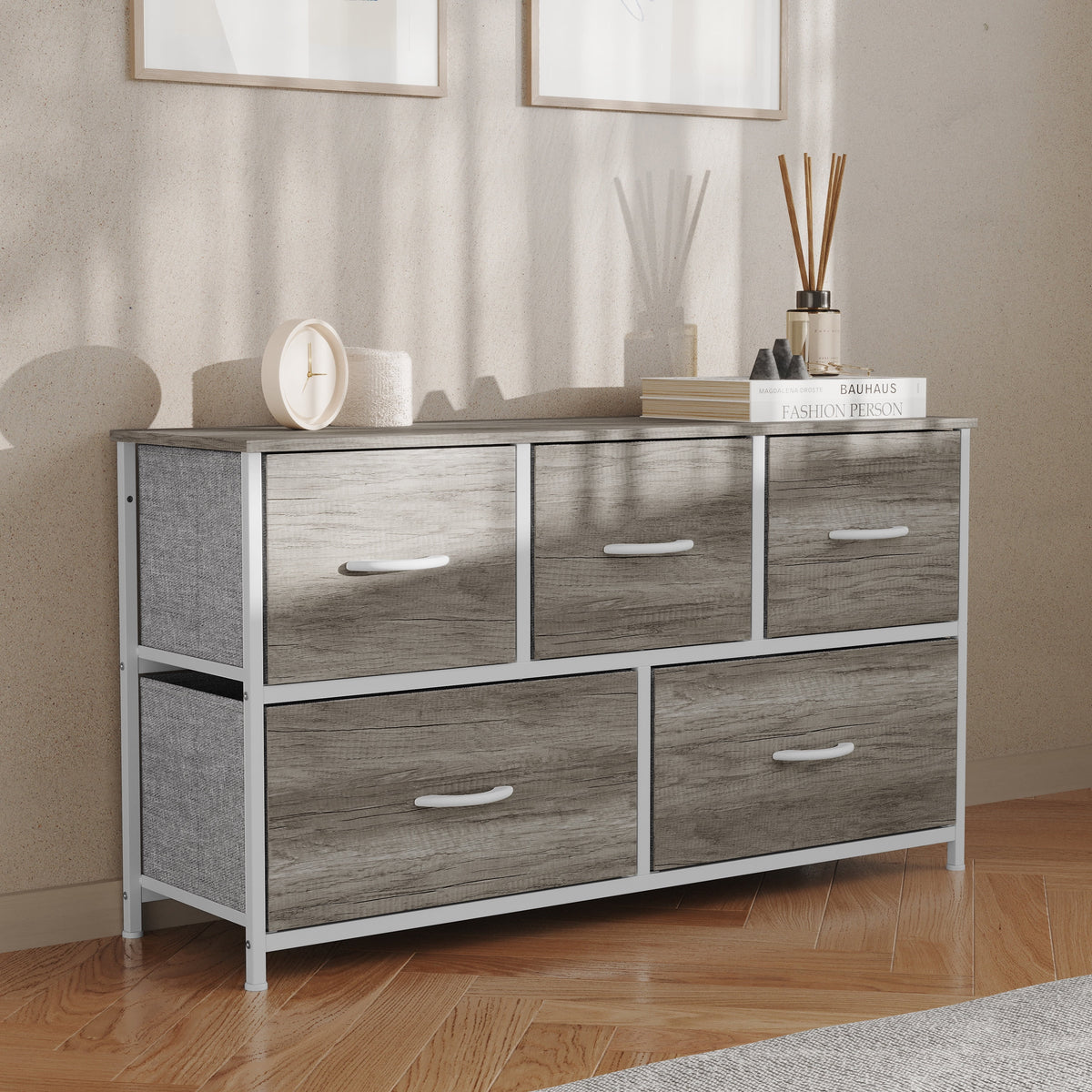 5 Drawer Storage Dresser with White Cast Iron Frame and Light Natural Wood Top E838959