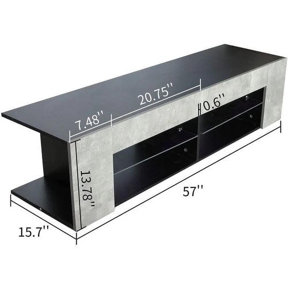 Black 57 Inch TV Stand with LED Lights and Glass Shelves I119