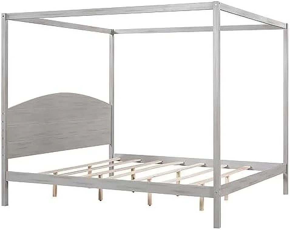 White Queen Size 4-Poster Wood Canopy Bed Frame with Headboard B814245