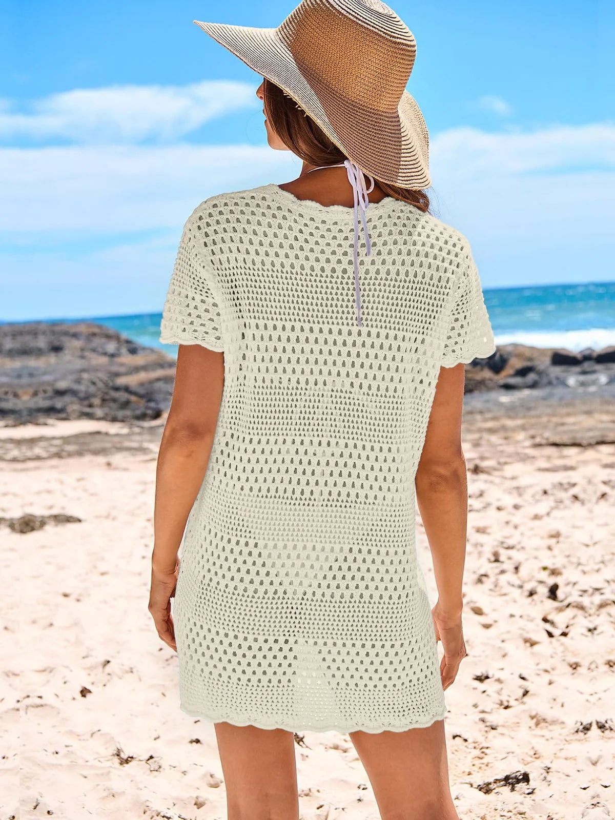 Crochet Hollow Out Knit Short Sleeve Beach Dress C4564