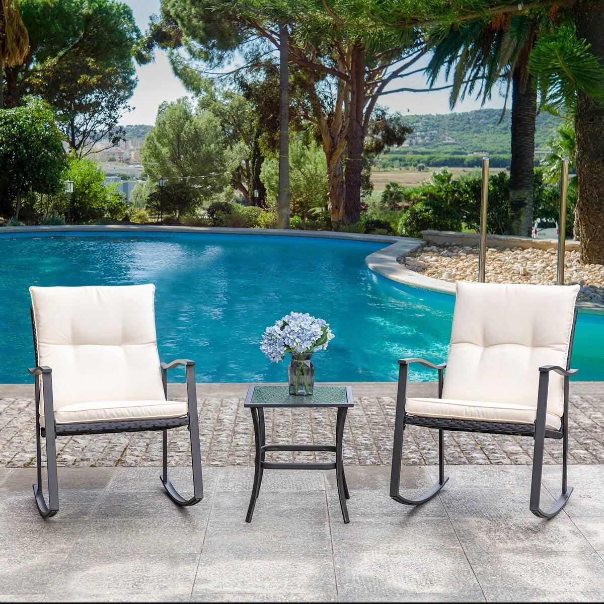 3 Piece Beige Outdoor Rocking Chair Set C80886
