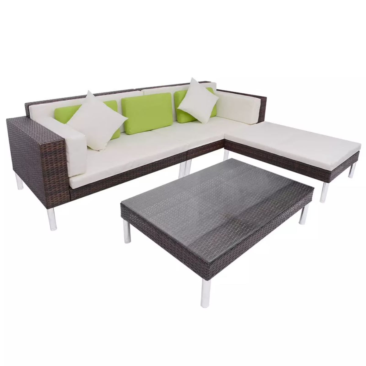 4 Piece Outdoor Conversation Set Cushioned Corner Sofa with Ottoman and Coffee Table Sectional Sofa Set Brown Poly Rattan L9792