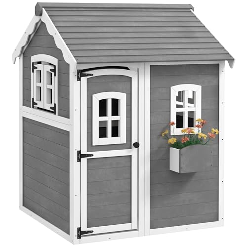 Gray Wooden Playhouse with Floor, Door, Windows & Planter Box L61736