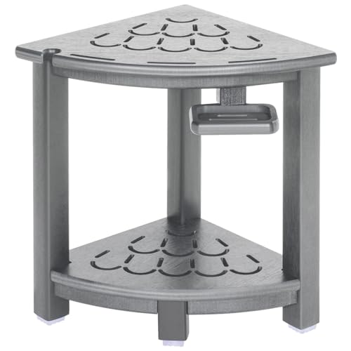 Black HDPE Corner Shower Stool with Storage Shelf and Adjustable Feet R7133