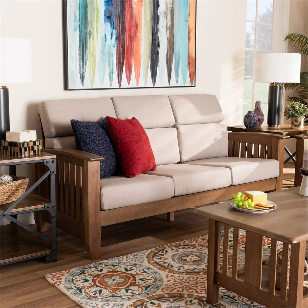 Modern Wood Fabric 3-Seater Sofa in Taupe Walnut Brown J2310