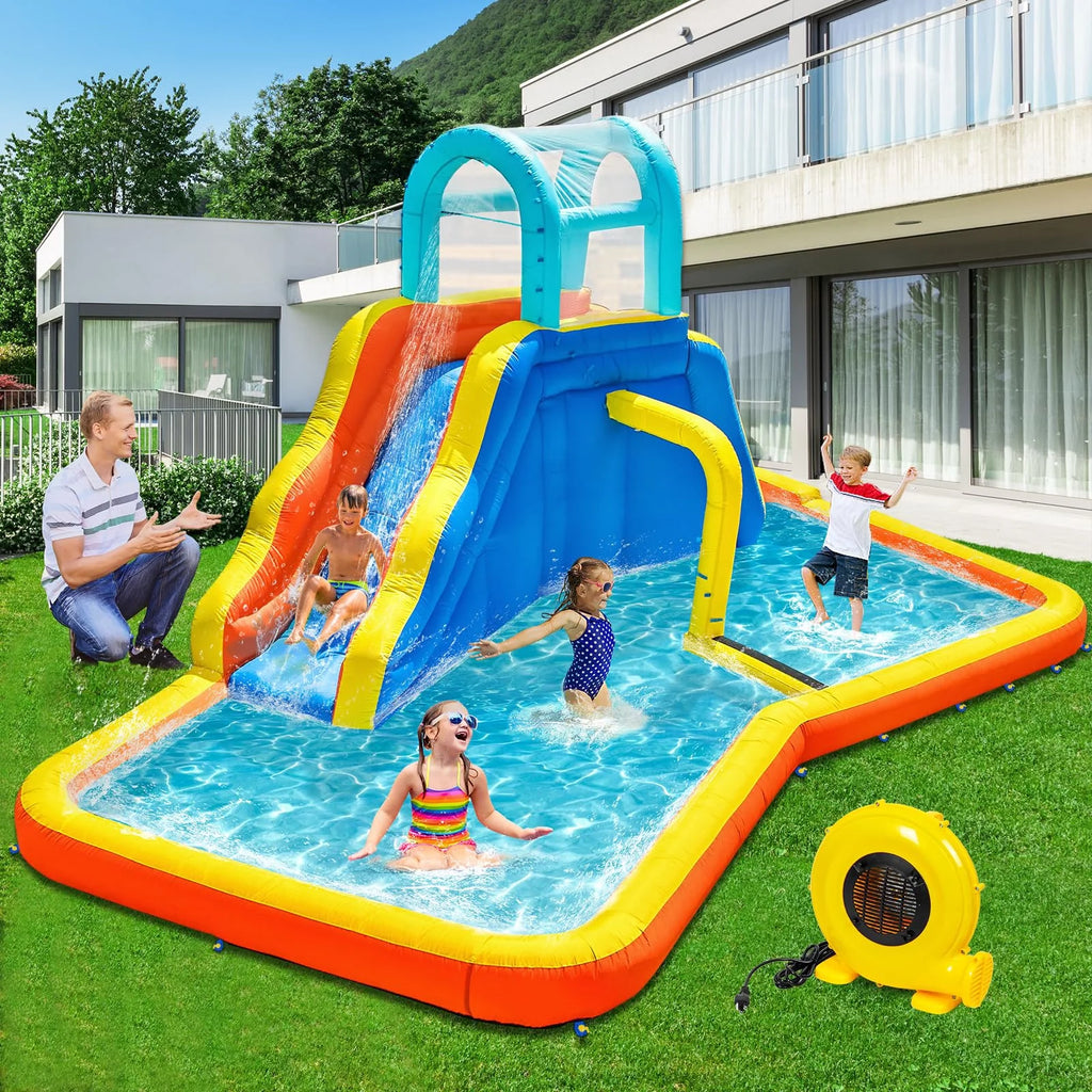 Inflatable Water Slide Park with Spray Pool, Bounce House with Climbing Wall and Blower A566956