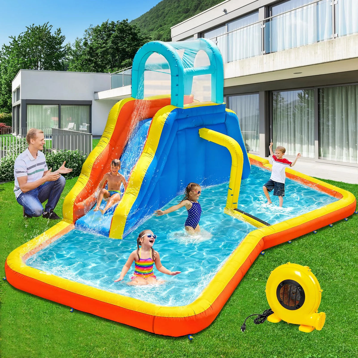 Inflatable Water Slide Park with Spray Pool, Bounce House with Climbing Wall and Blower A566956