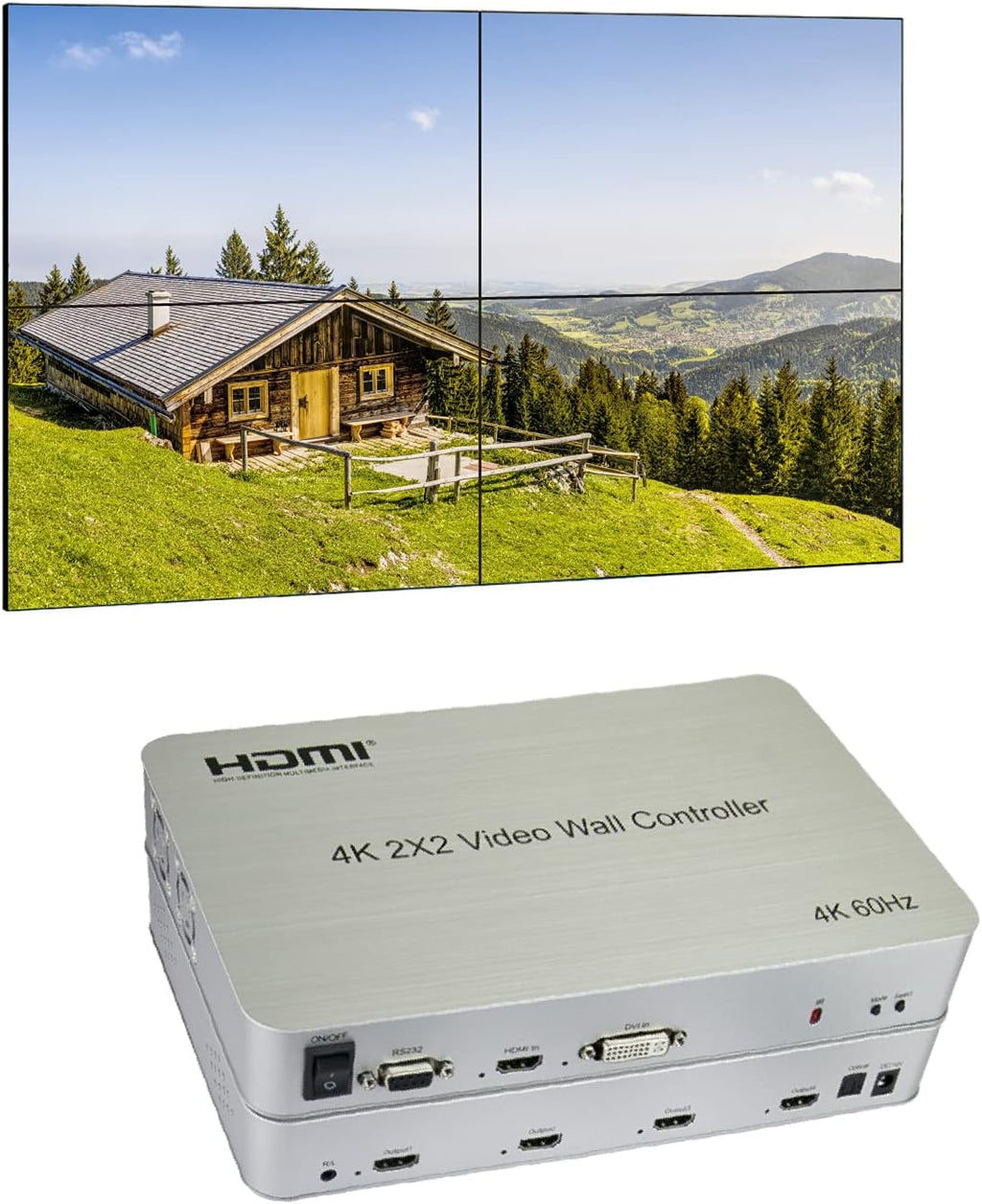 2x2 Video Wall Controller, 4K@60Hz, HDMI 2.0, HDCP 2.2, 90° Rotation, Edge Masking A339