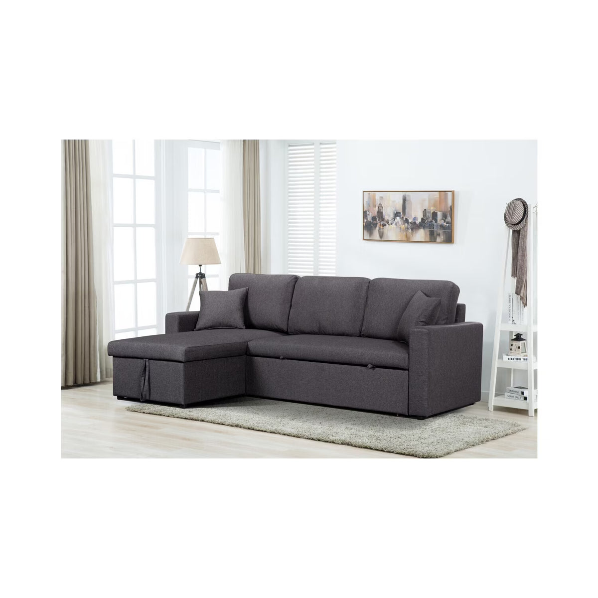 Antique Appeal Linen Fabric Reversible Sleeper Sectional Sofa With Storage Chaise S434365
