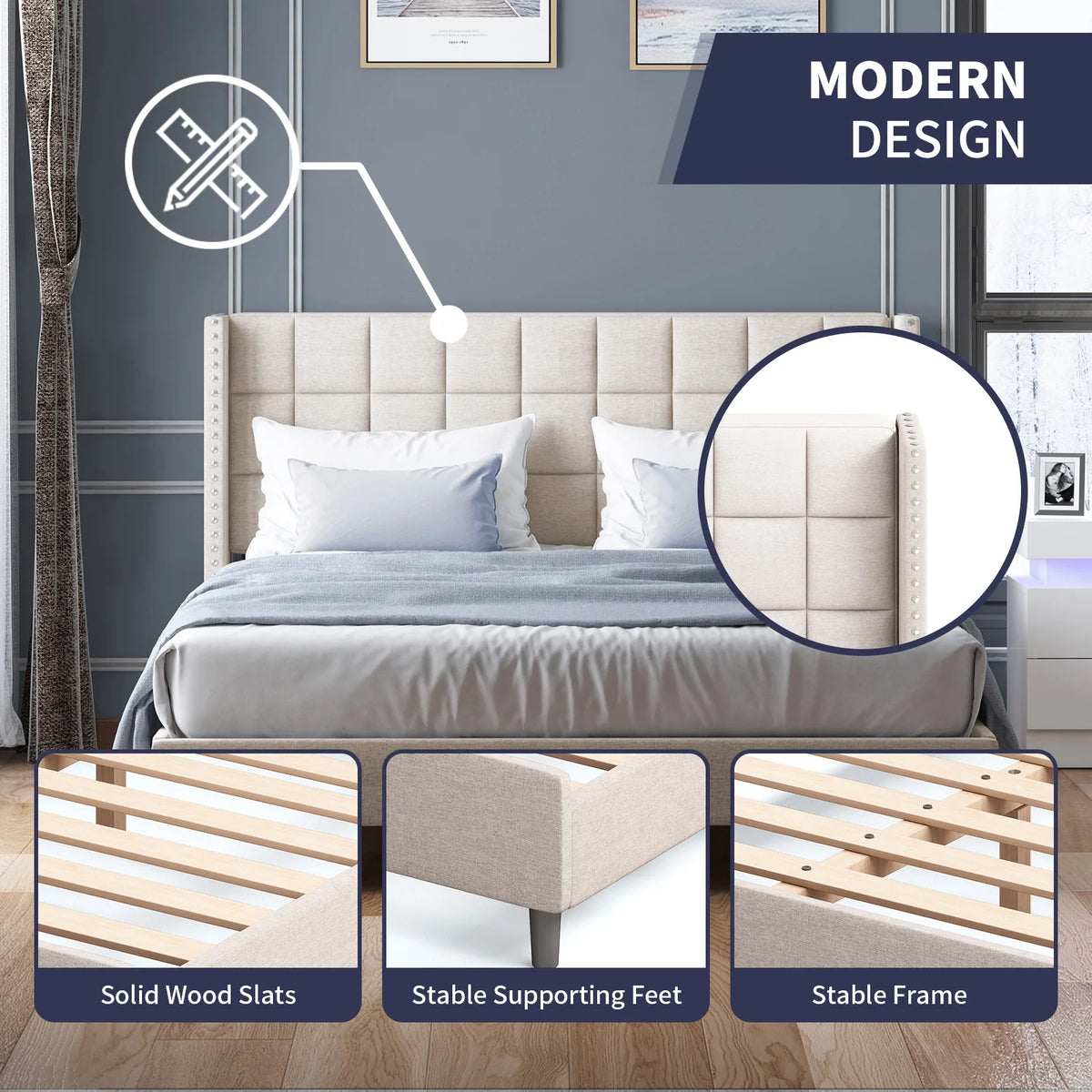 Velvet Wingback Headboard Queen Size Platform Bed Frame D610