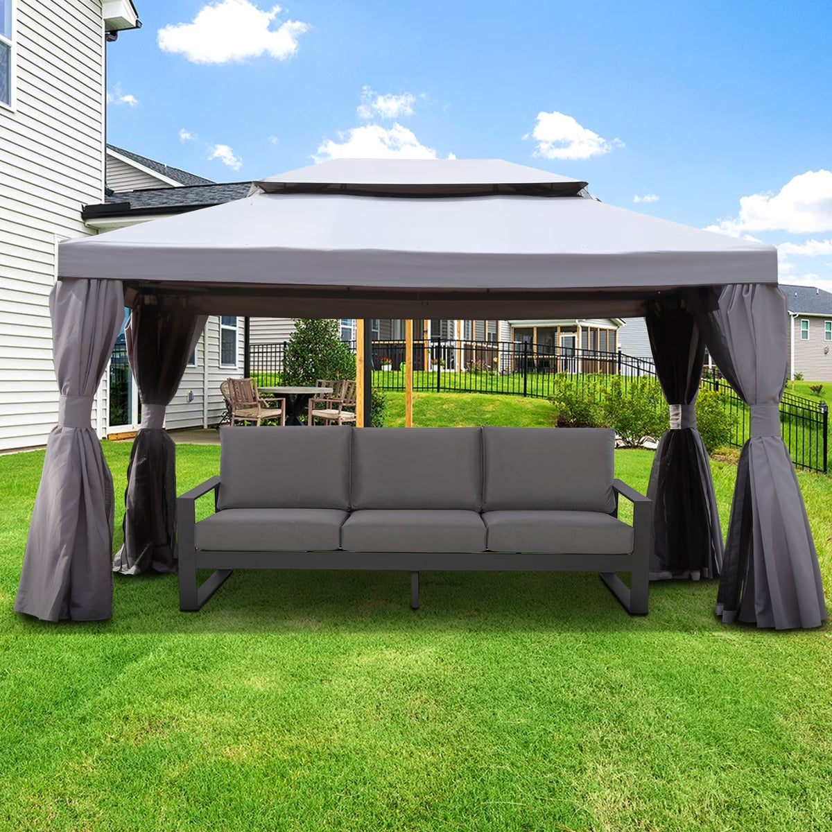 10'x13' Outdoor Double Vent Canopy Gazebo with Nettings and Curtains U39233