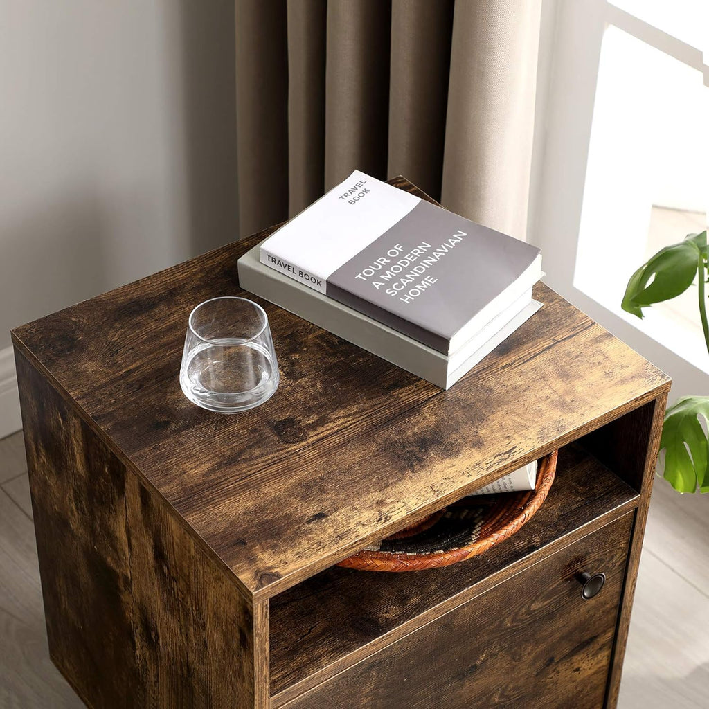 Rustic Brown Nightstand with Open Shelf and Cabinet F42603
