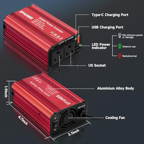 400W Power Inverter 12V DC to 110V AC with PD 65W USB-C & QC 18W Port Z196