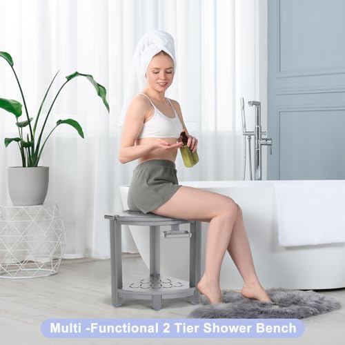 Black HDPE Corner Shower Stool with Storage Shelf and Adjustable Feet R7133