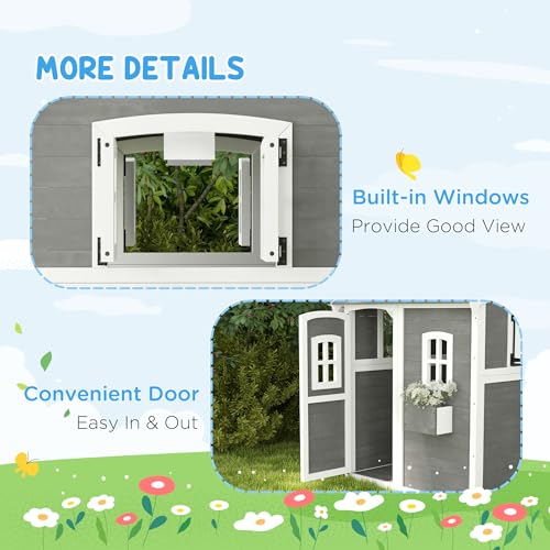 Gray Wooden Playhouse with Floor, Door, Windows & Planter Box L61736