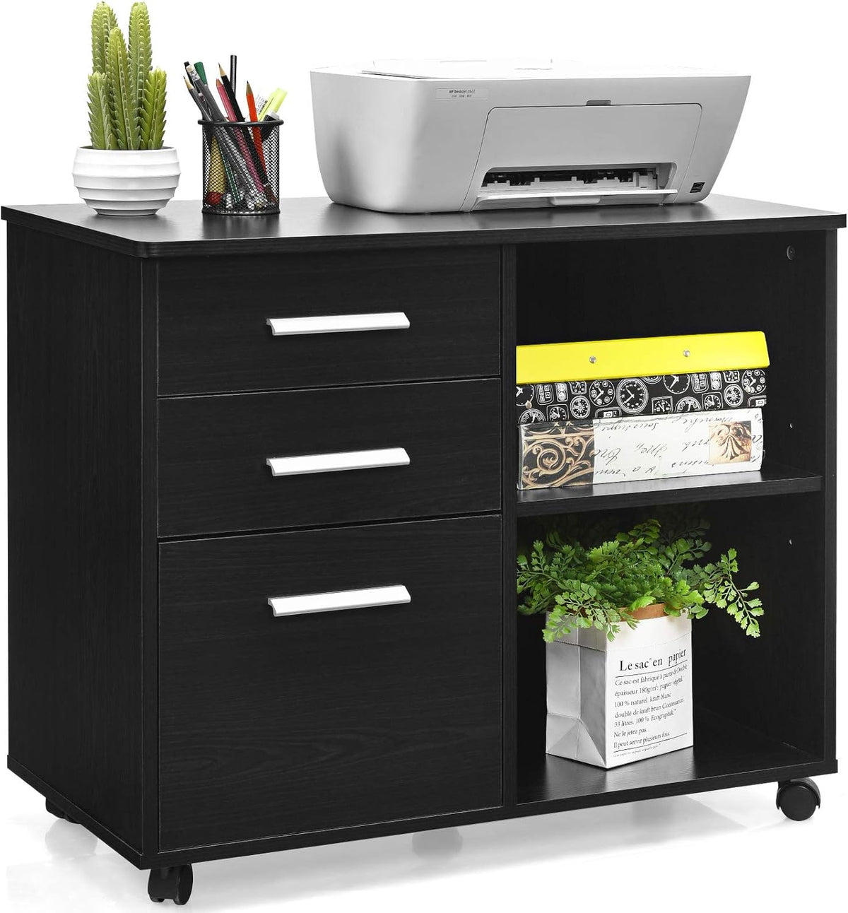 Black 3 Drawer Mobile File Cabinet with Wheels L4900