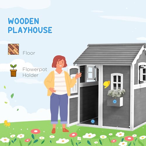 Gray Wooden Playhouse with Floor, Door, Windows & Planter Box L61736