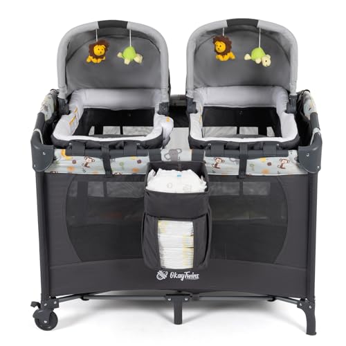 Light Gray Twin Bassinet & Playard with 2 Removable Portable Bassinets F5148