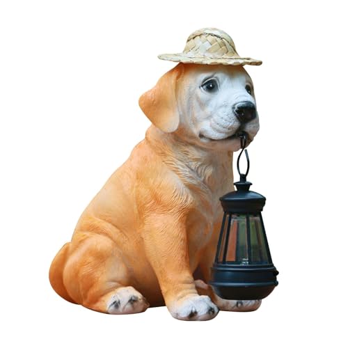 Resin Dog Statues with Straw Hat and Solar Led Lantern Z709745