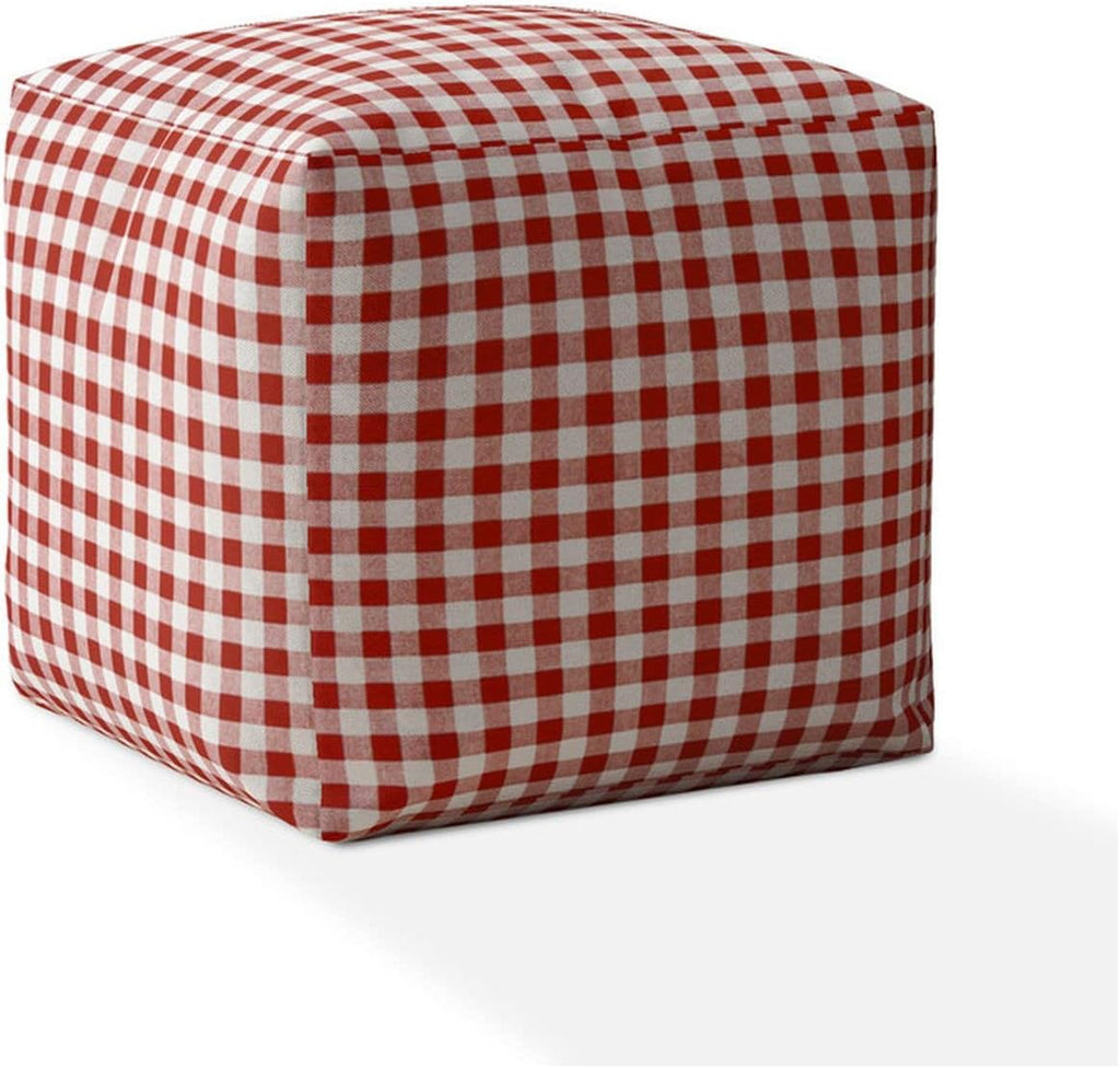 Red and White Cotton Gingham Pouf Ottoman K5502