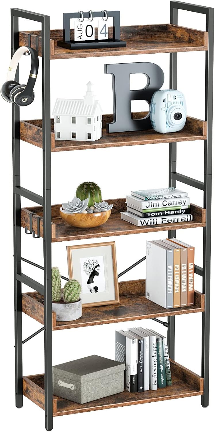 5 Tier Wood Bookshelf with 4 Hooks T41669