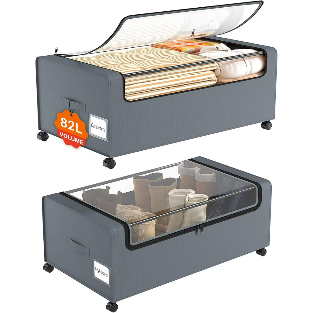 12 inch Under Bed Storage Bins with Clear Lid, Wheels, 2 Pack, Grey, 30.7x17.3x12 Y6674