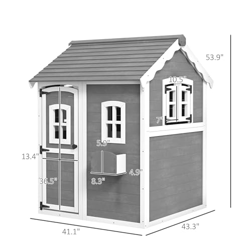 Gray Wooden Playhouse with Floor, Door, Windows & Planter Box L61736