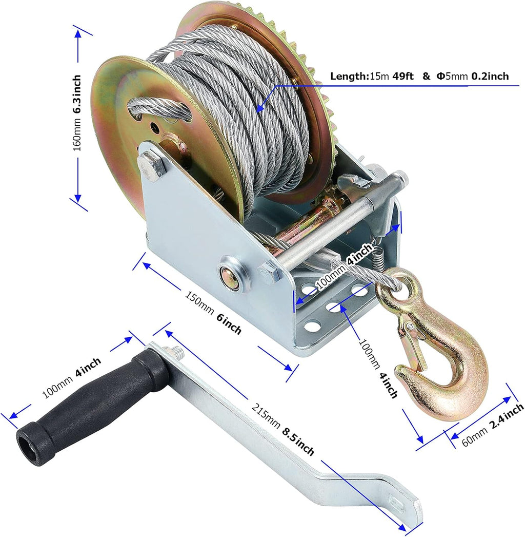 Heavy Duty Hand Winch with 49ft Steel Cable 1600lbs Capacity Pack of 2 O6278