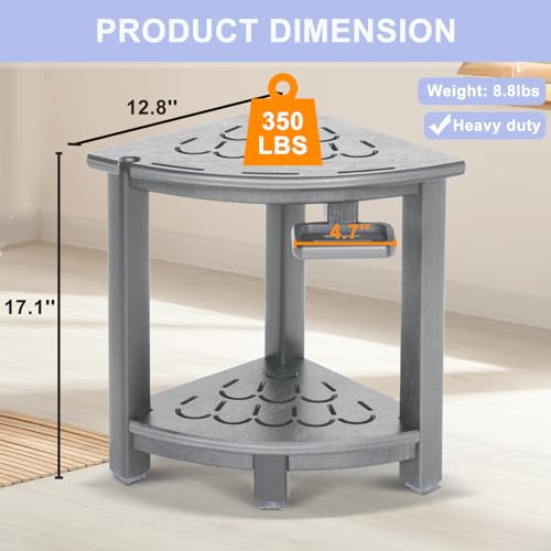 Black HDPE Corner Shower Stool with Storage Shelf and Adjustable Feet R7133