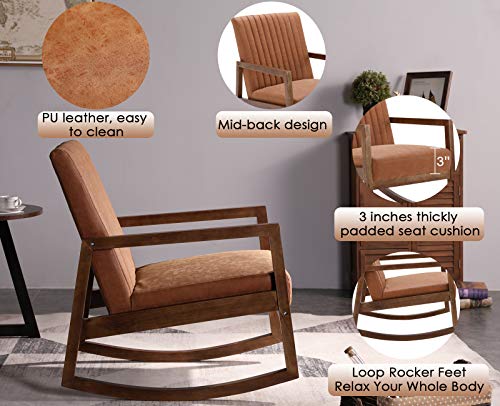 Leather Rocking Chair with Padded Seat Wood Frame Dark Brown PU I2617