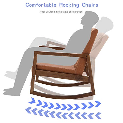 Leather Rocking Chair with Padded Seat Wood Frame Dark Brown PU I2617