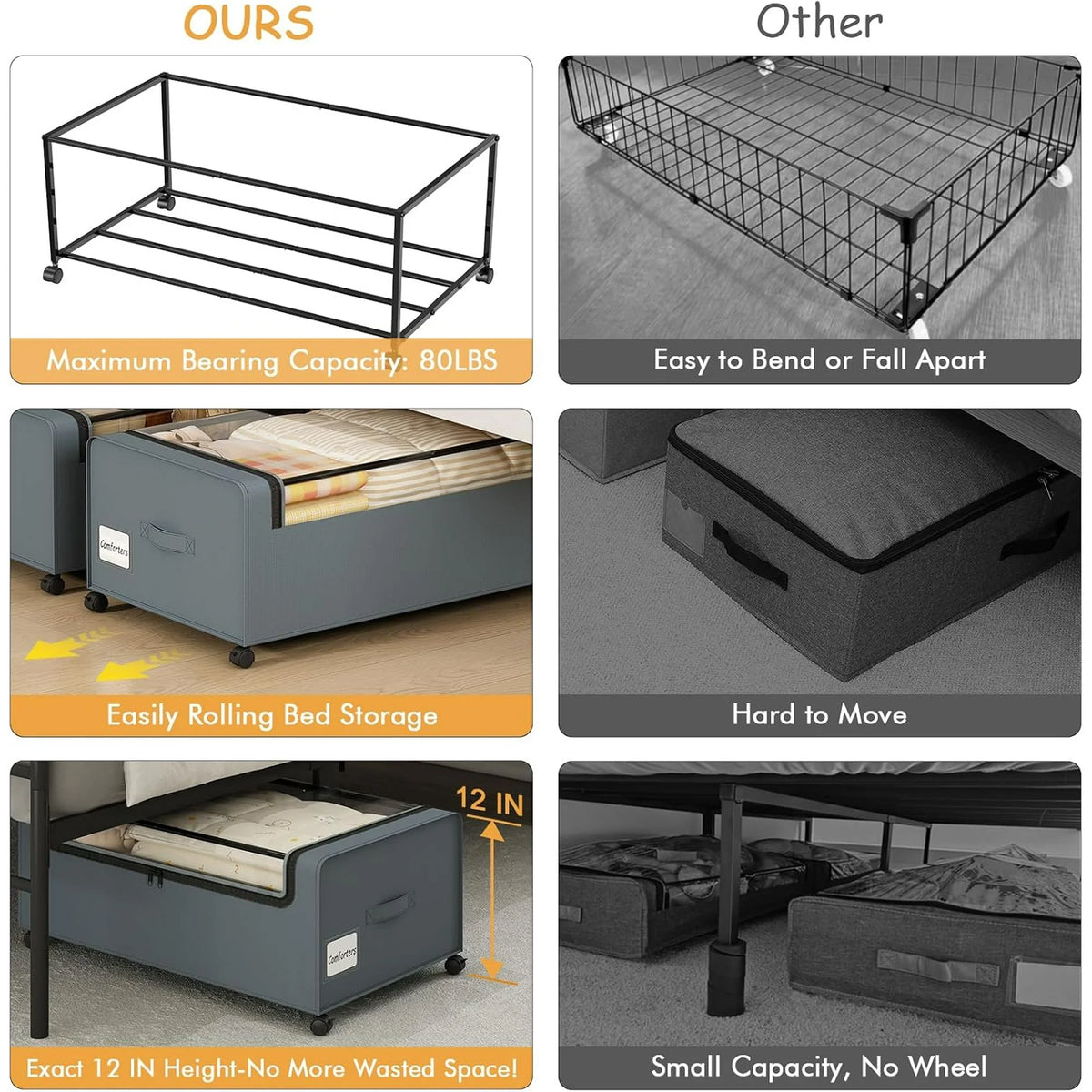 12 inch Under Bed Storage Bins with Clear Lid, Wheels, 2 Pack, Grey, 30.7x17.3x12 Y6674