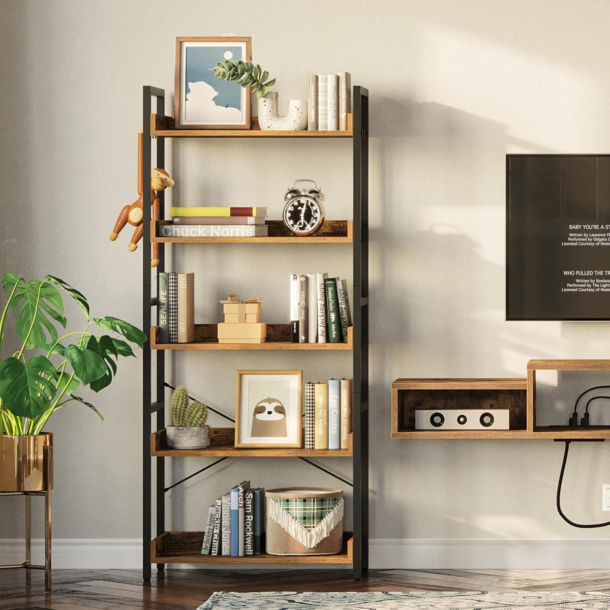 5 Tier Wood Bookshelf with 4 Hooks T41669