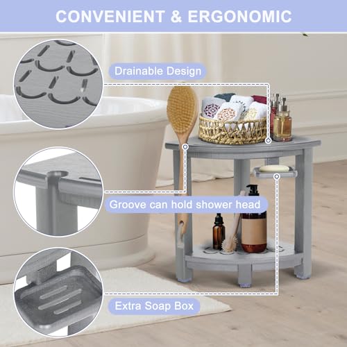 Black HDPE Corner Shower Stool with Storage Shelf and Adjustable Feet R7133