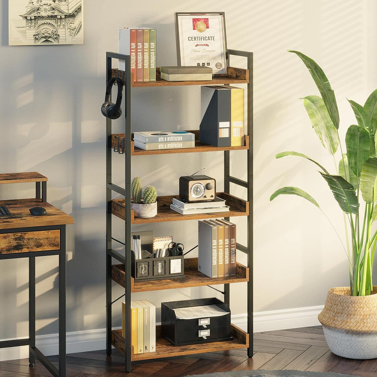 5 Tier Wood Bookshelf with 4 Hooks T41669