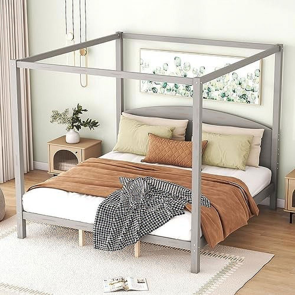 White Queen Size 4-Poster Wood Canopy Bed Frame with Headboard B814245